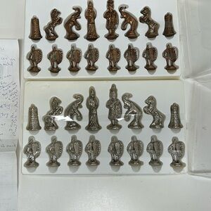 One of the kind Vintage Metal Chess Pieces Set in Bronze and Silver
Very rare